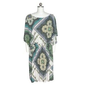 Cato Woman Dress Womens L Green Blue Ivory Paisley Midi Dolman Sleeve Boho